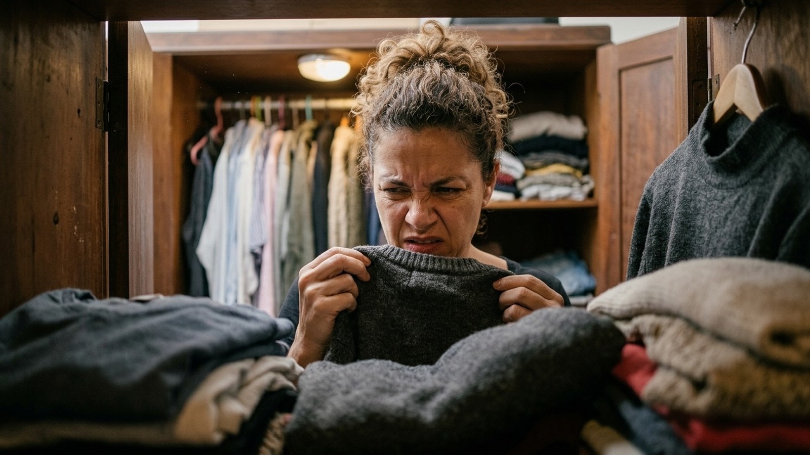 Mulher com rosto franzido cheira blusa cinza escura dentro de um guarda-roupa de madeira