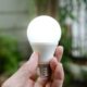 Uma mão segura uma lâmpada de LED branca acesa contra um fundo desfocado de plantas
