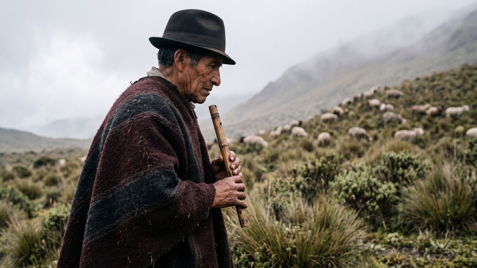 Homem idoso, chapéu, poncho, toca flauta de madeira, ovelhas na montanha