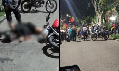 Cena dividida: pessoa borrada no chão ao lado de moto e aglomeração noturna de pessoas e motos na rua