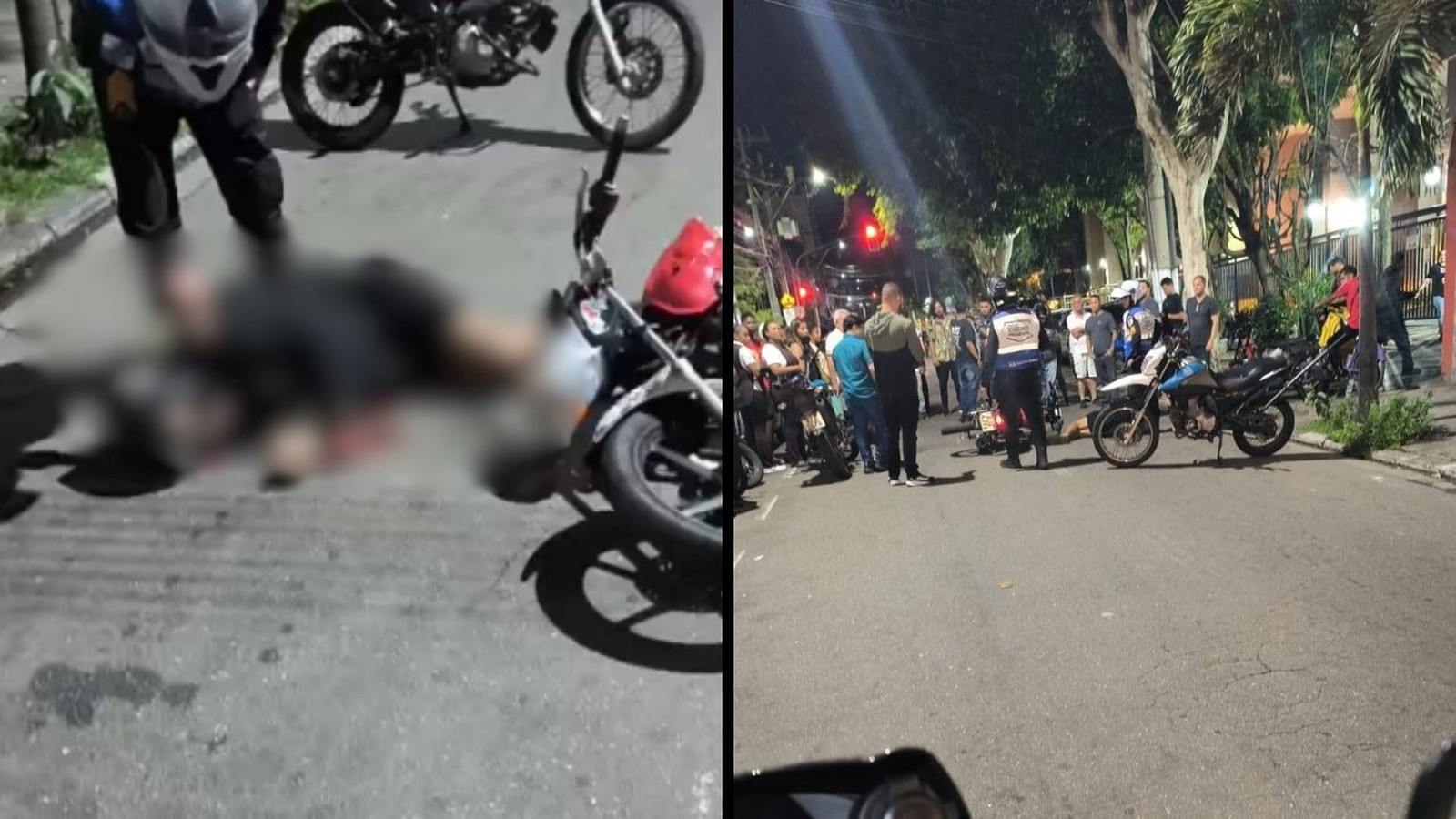 Cena dividida: pessoa borrada no chão ao lado de moto e aglomeração noturna de pessoas e motos na rua