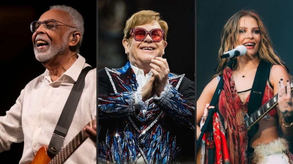 Três artistas em close-up: homem com barba e guitarra, homem de óculos e jaqueta, mulher com guitarra e microfone