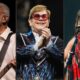 Três artistas em close-up: homem com barba e guitarra, homem de óculos e jaqueta, mulher com guitarra e microfone