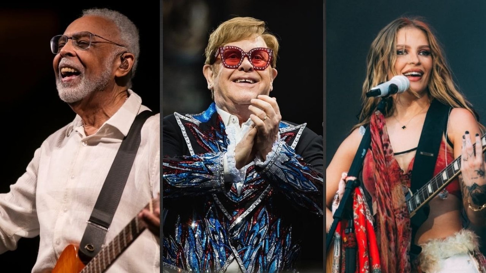 Três artistas em close-up: homem com barba e guitarra, homem de óculos e jaqueta, mulher com guitarra e microfone