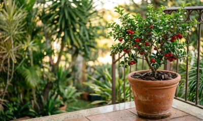 Acerola anã em vaso de barro com folhas verdes, flores brancas e frutos vermelhos maduros em varanda