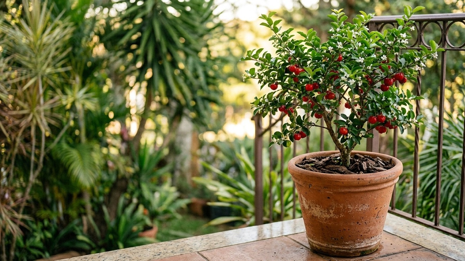 Acerola anã em vaso de barro com folhas verdes, flores brancas e frutos vermelhos maduros em varanda