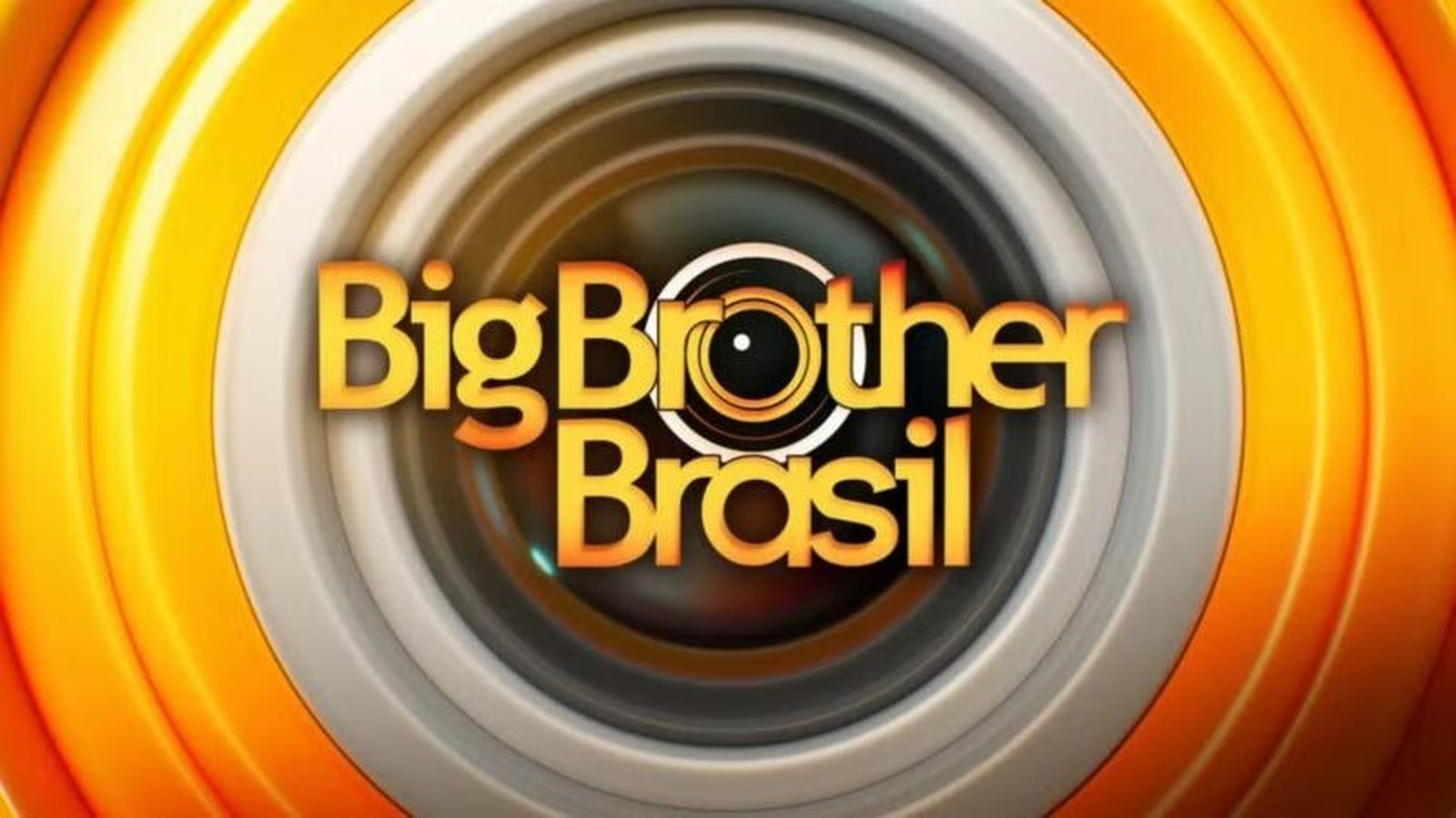 Logo Big Brother Brasil em laranja com câmera no lugar do 'o' em fundo de anéis concêntricos