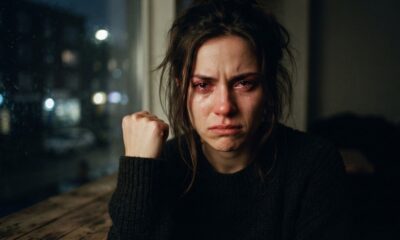 Mulher com cabelo escuro e olhos vermelhos, chorando com a mão em punho cerrado