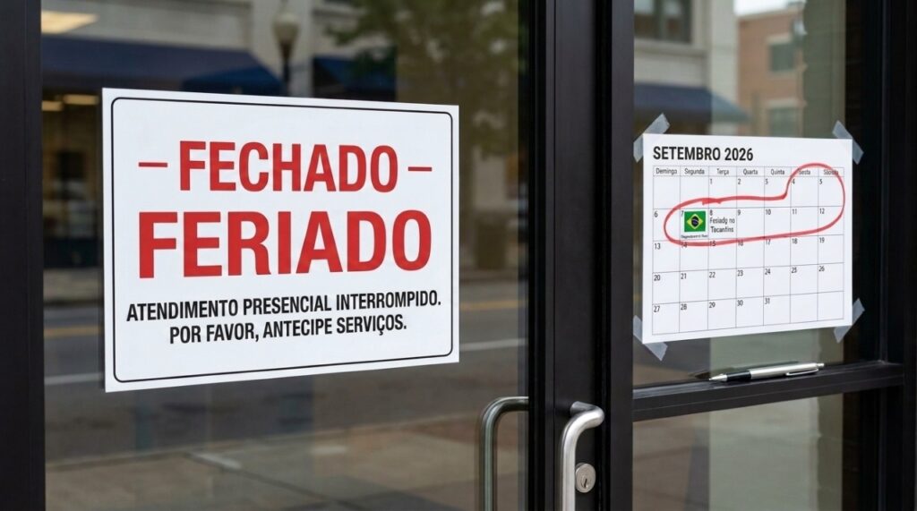Agência bancária fechada com aviso de feriado e calendário indicando os dias 7 e 8 de setembro.