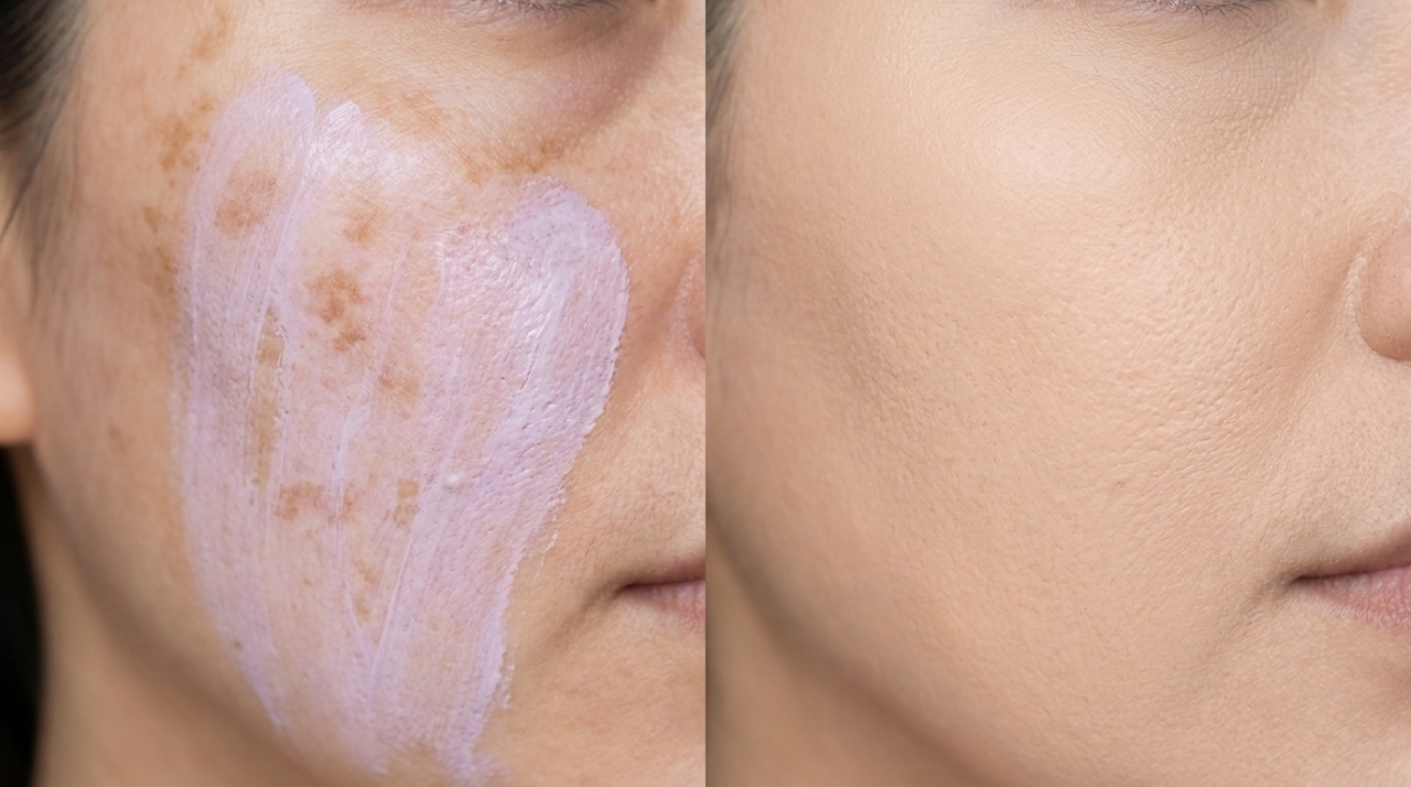 Maçã do rosto com melasma sendo neutralizado com corretivo lilás e finalizado com uma camada leve de base.