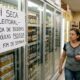 Placa 'Lei Seca Eleitoral' em refrigerador de bebidas alcoólicas em supermercado, com clientes