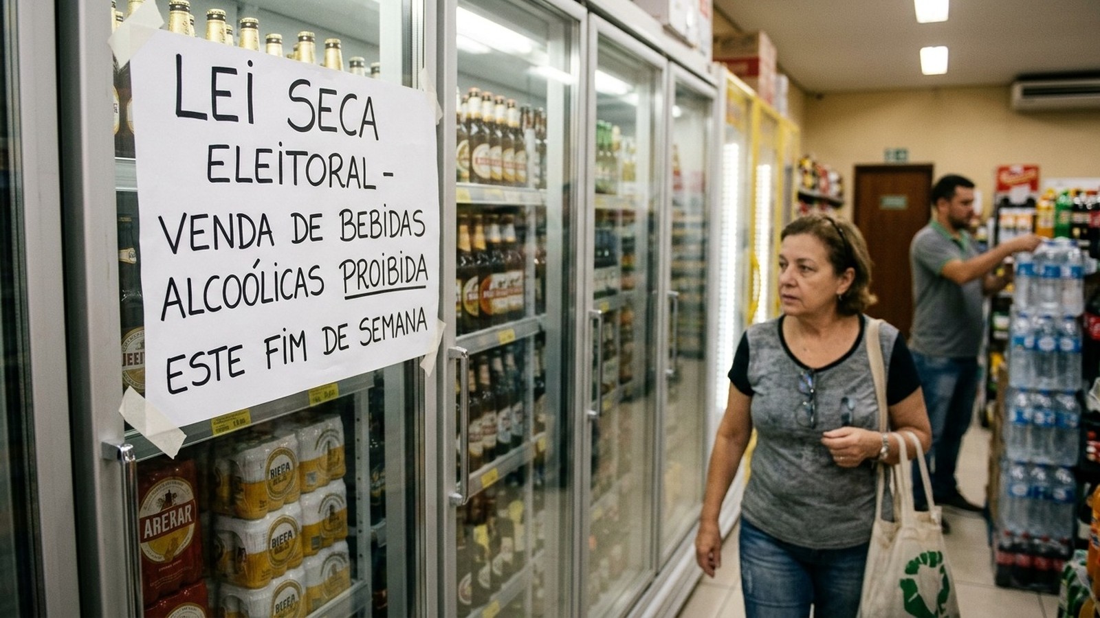 Placa 'Lei Seca Eleitoral' em refrigerador de bebidas alcoólicas em supermercado, com clientes