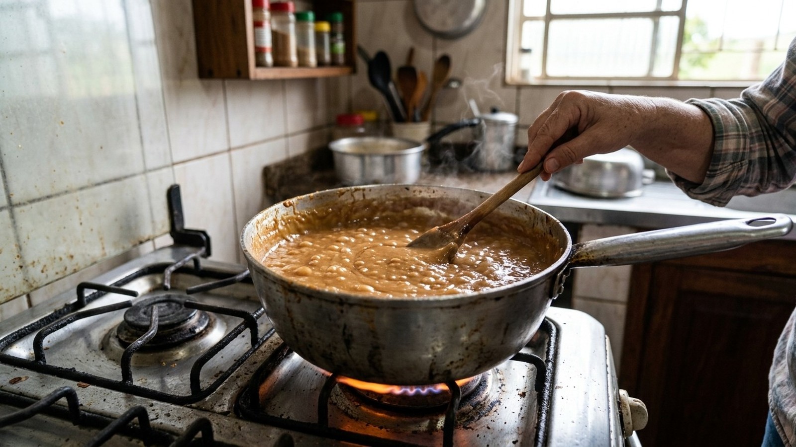 Mão adulta mexe doce de leite borbulhante em panela metálica no fogão a gás