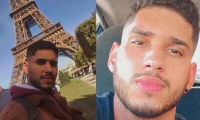Díptico, homem barbudo em selfie com Torre Eiffel e retrato facial de perto com barba e bigode