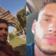 Díptico, homem barbudo em selfie com Torre Eiffel e retrato facial de perto com barba e bigode