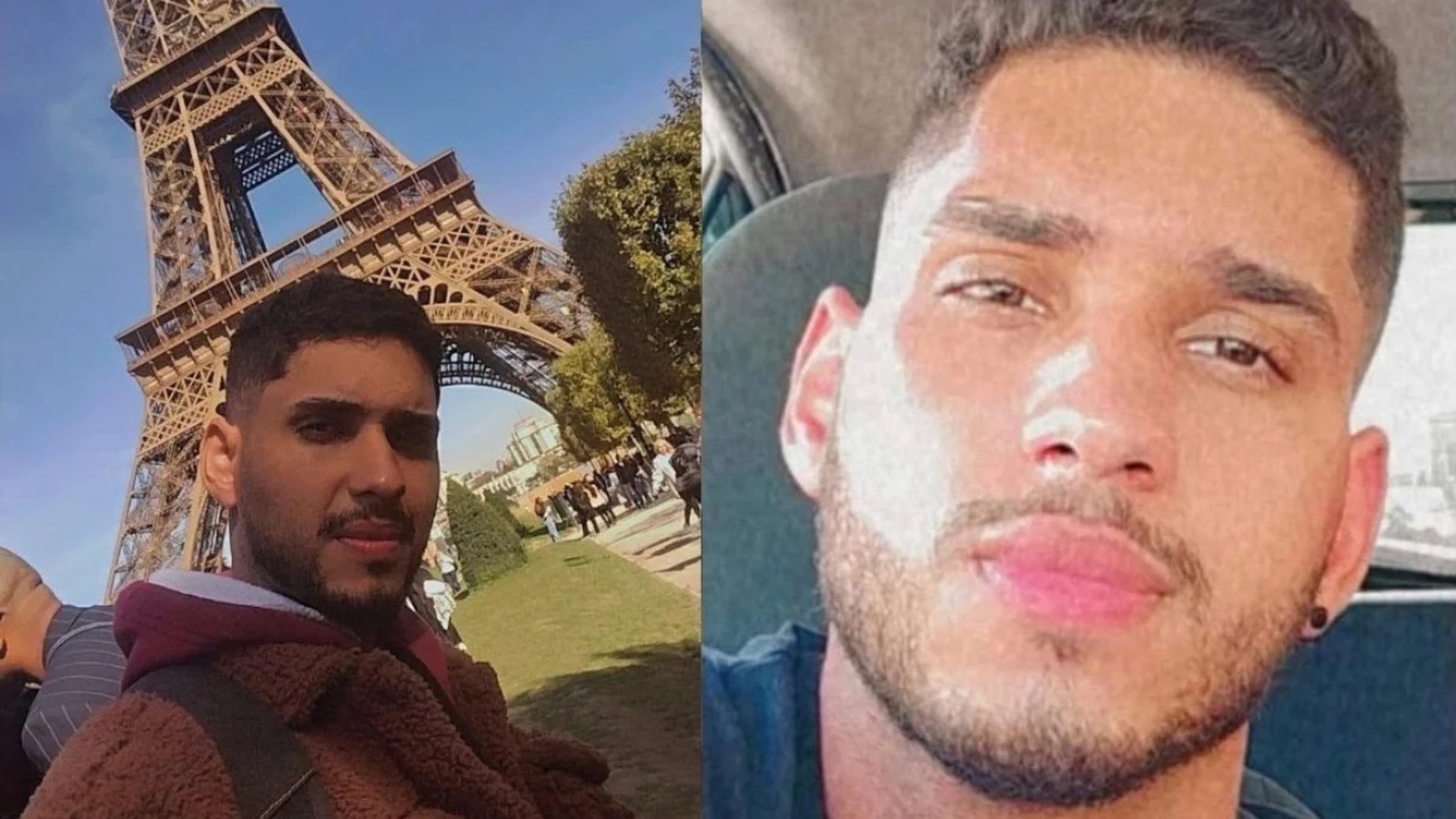 Díptico, homem barbudo em selfie com Torre Eiffel e retrato facial de perto com barba e bigode
