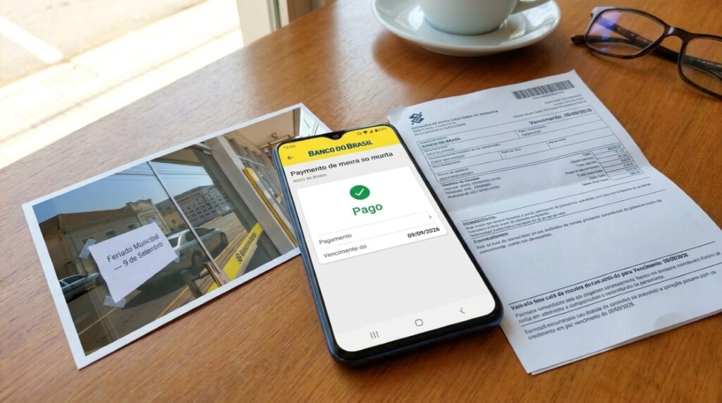 Smartphone com aplicativo bancário mostrando boleto pago ao lado de conta com vencimento em 9 de setembro.