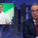 John Oliver em estúdio e Jair Bolsonaro em destaque, ambos com microfone