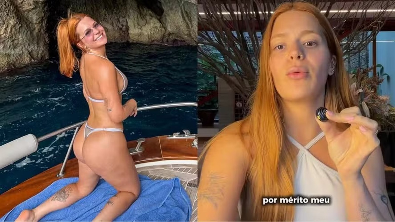 Viih Tube em montagem: de biquíni em barco e falando, segurando objeto, com frase ‘por mérito meu’