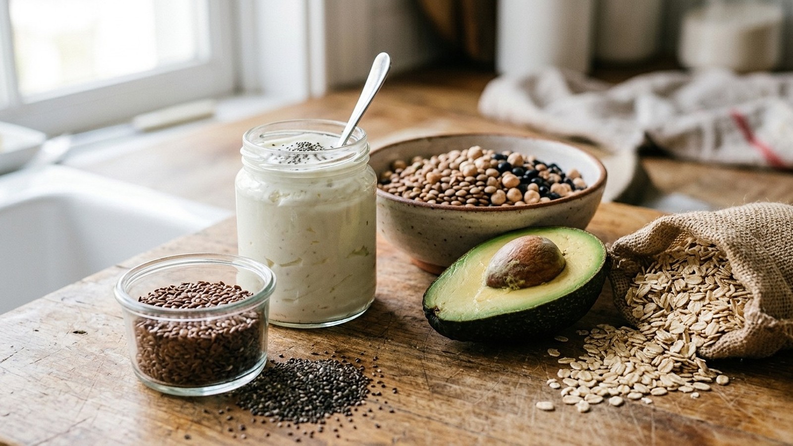 Tigela com lentilhas, grão de bico, iogurte, abacate, aveia, sementes de chia e linhaça