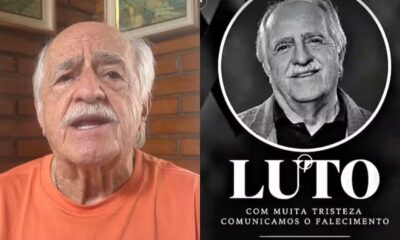 Montagem mostra Ary Fontoura em vídeo à esquerda e um anúncio falso de luto à direita