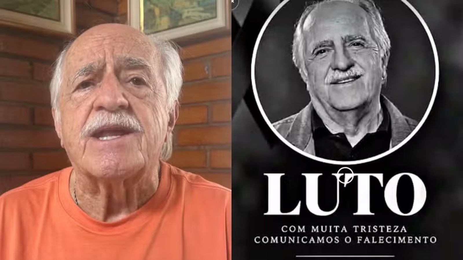 Montagem mostra Ary Fontoura em vídeo à esquerda e um anúncio falso de luto à direita