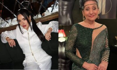 Jordana, à esquerda, em blusa branca; Sonia Abrão, à direita, em vestido verde e brilhante