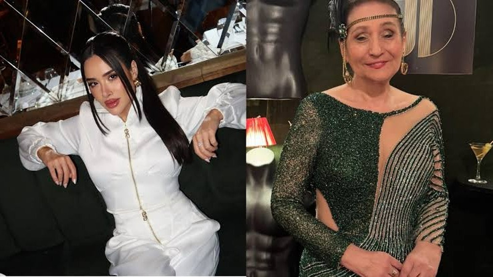 Jordana, à esquerda, em blusa branca; Sonia Abrão, à direita, em vestido verde e brilhante