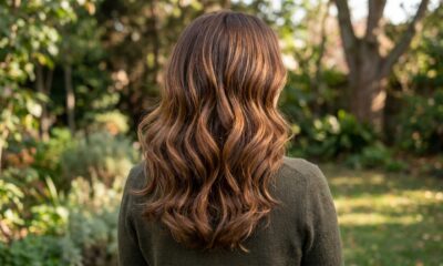 Cabelo castanho avelã com reflexos quentes e luminosos, mostrando brilho, movimento e profundidade nos fios.