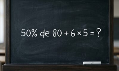 Quadro negro com a expressão matemática 50% de 80 + 6 × 5 e um ponto de interrogação.