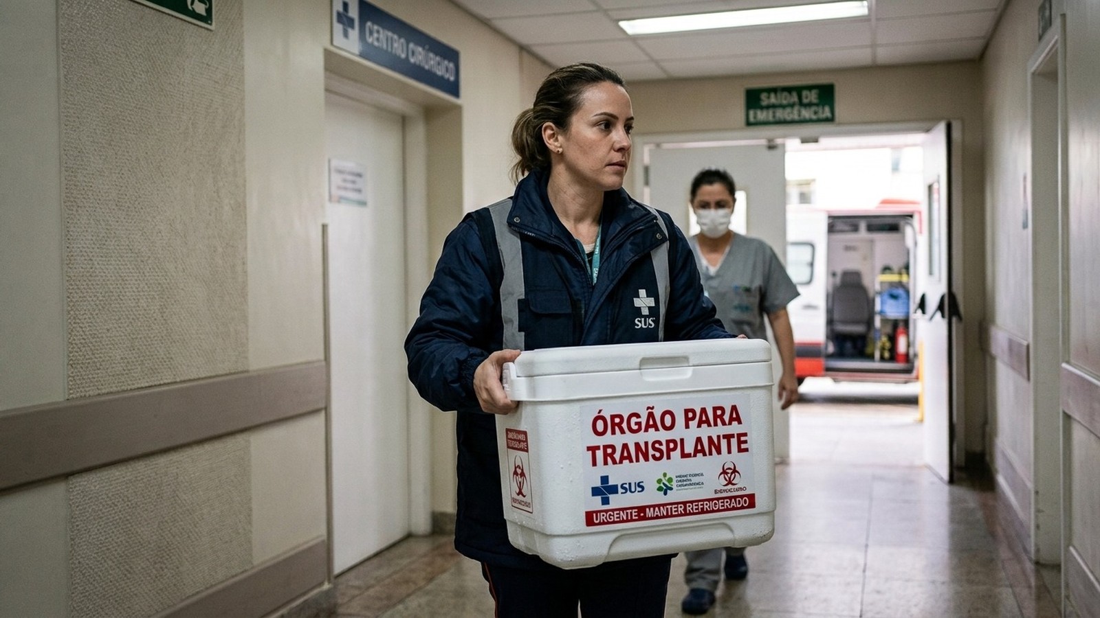 Profissional de saúde carrega caixa ‘ÓRGÃO PARA TRANSPLANTE’ em corredor de hospital com ambulância