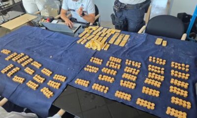 Mesa com pano azul, mostrando barras e pilhas de moedas de ouro, com oficiais
