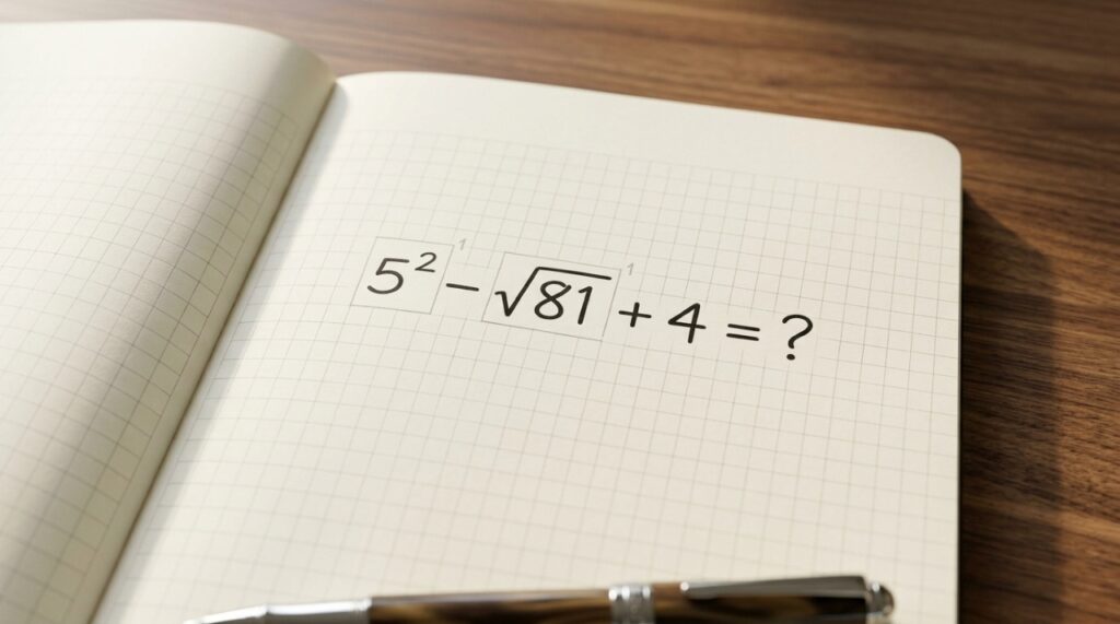 Folha de caderno com a expressão 5² − √81 + 4 e destaques visuais na potência e na raiz quadrada, sem mostrar o resultado.