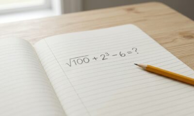 Caderno aberto com a expressão matemática √100 + 2³ − 6 escrita a lápis, sem mostrar o resultado.