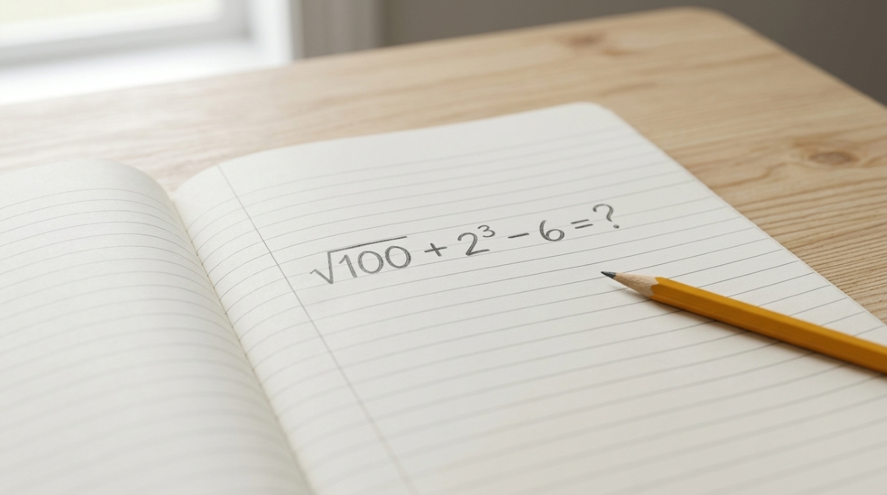 Caderno aberto com a expressão matemática √100 + 2³ − 6 escrita a lápis, sem mostrar o resultado.