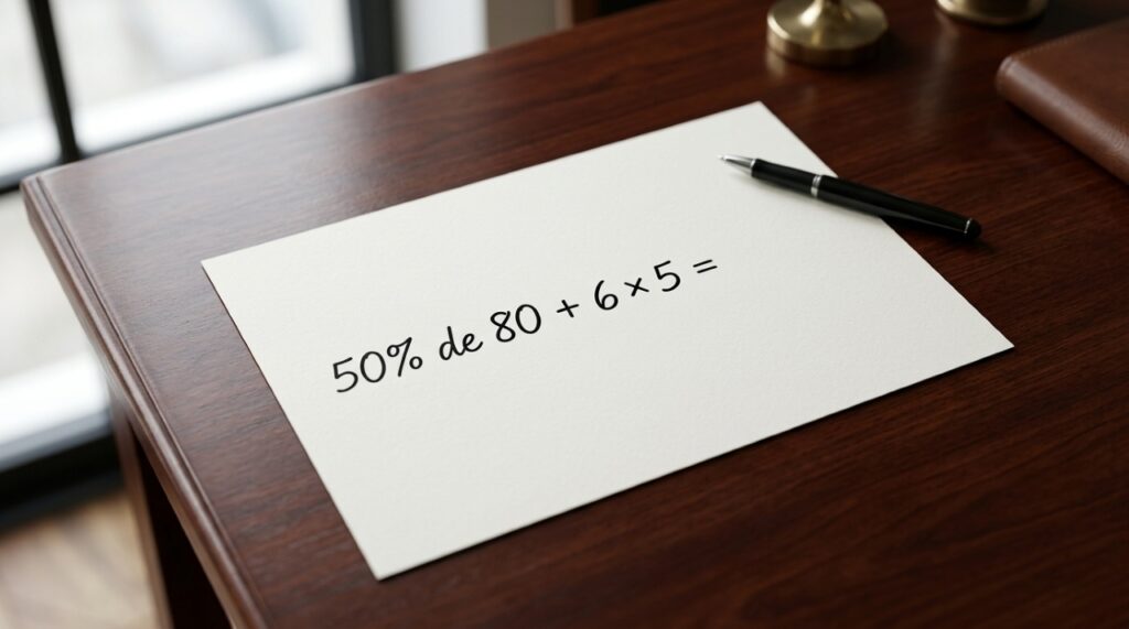 Folha sobre mesa com 50% de 80 e 6 × 5 separados em blocos para cálculo, sem mostrar o resultado.