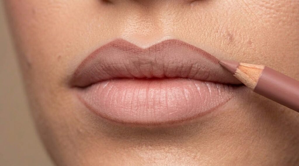 Aplicação de lápis labial nude no arco do cupido de lábios finos, seguindo a borda natural da boca.