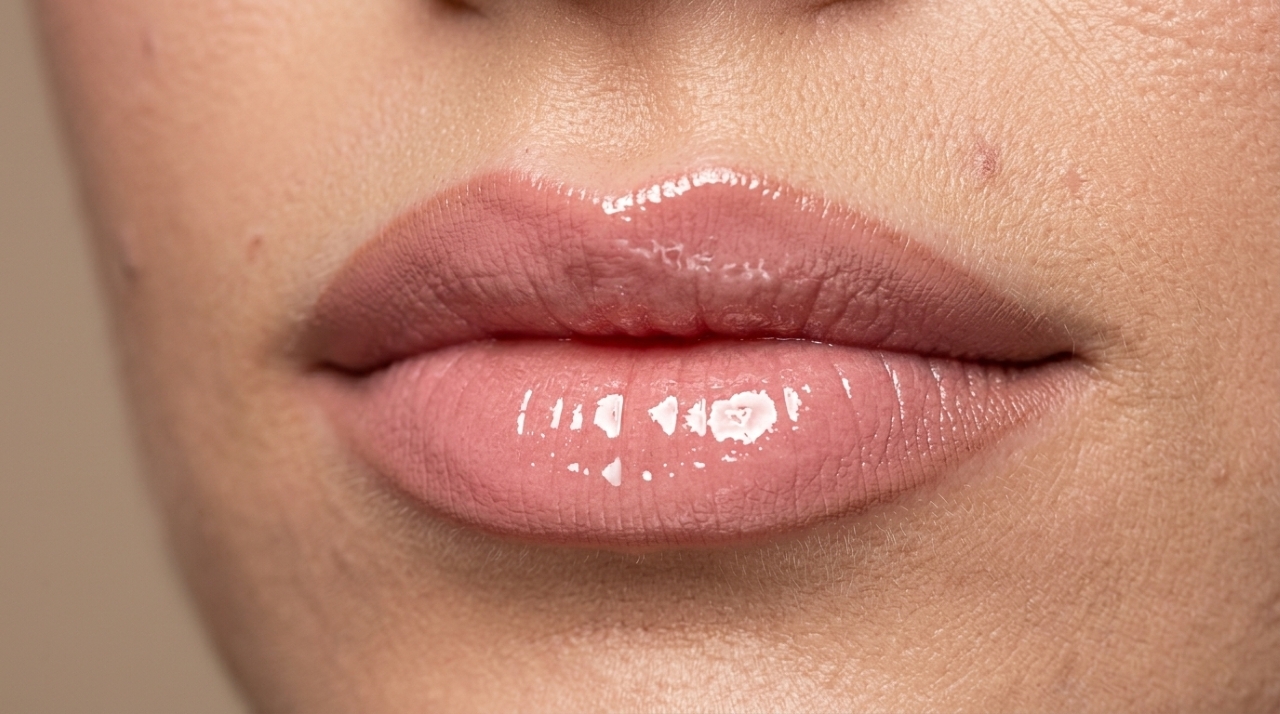 Lábios finos com contorno nude esfumado, batom rosado e gloss aplicado no centro para criar efeito de volume.