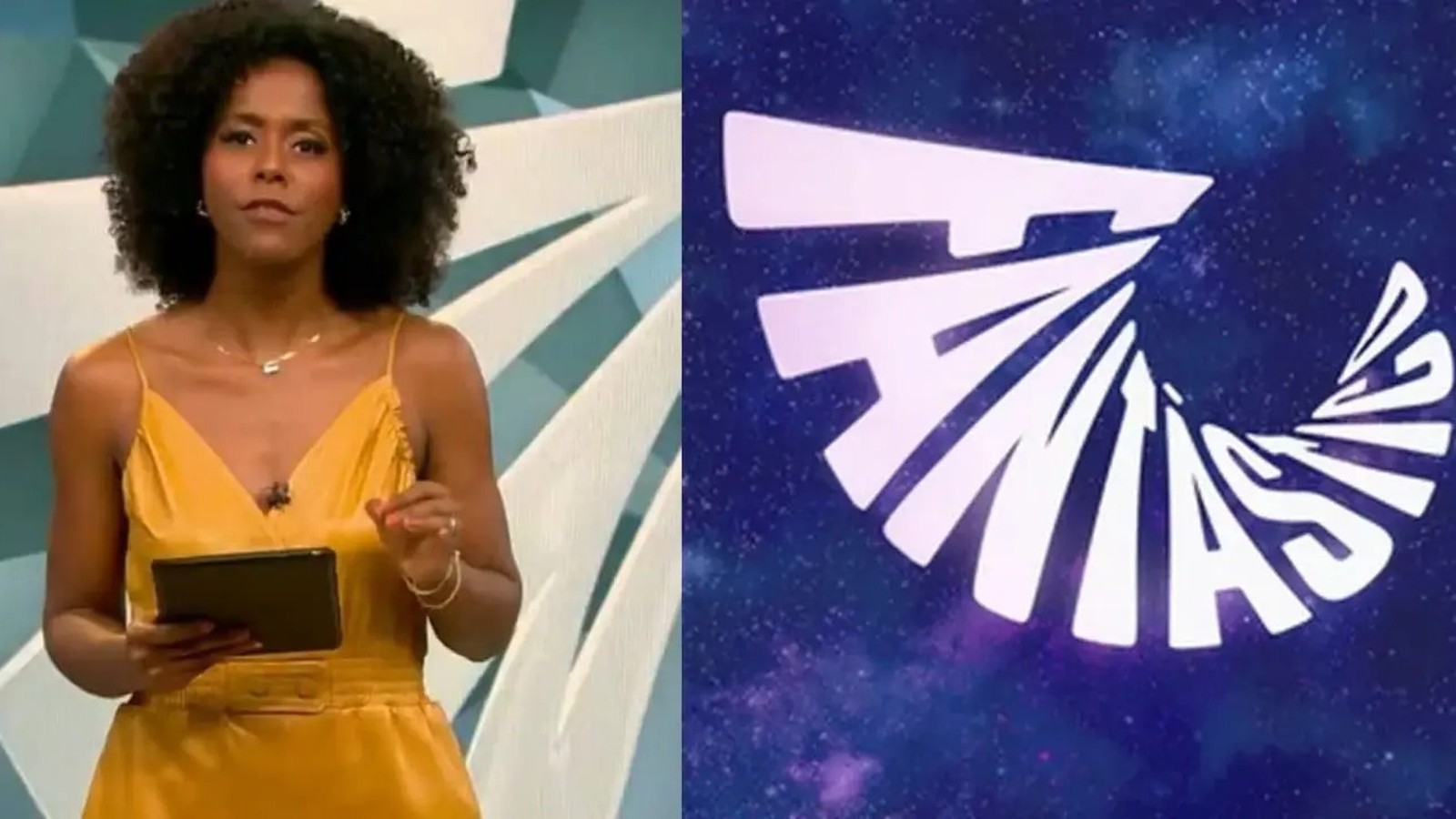 Apresentadora Maju Coutinho em estúdio e o logotipo branco Fantástico sobre fundo azul espacial