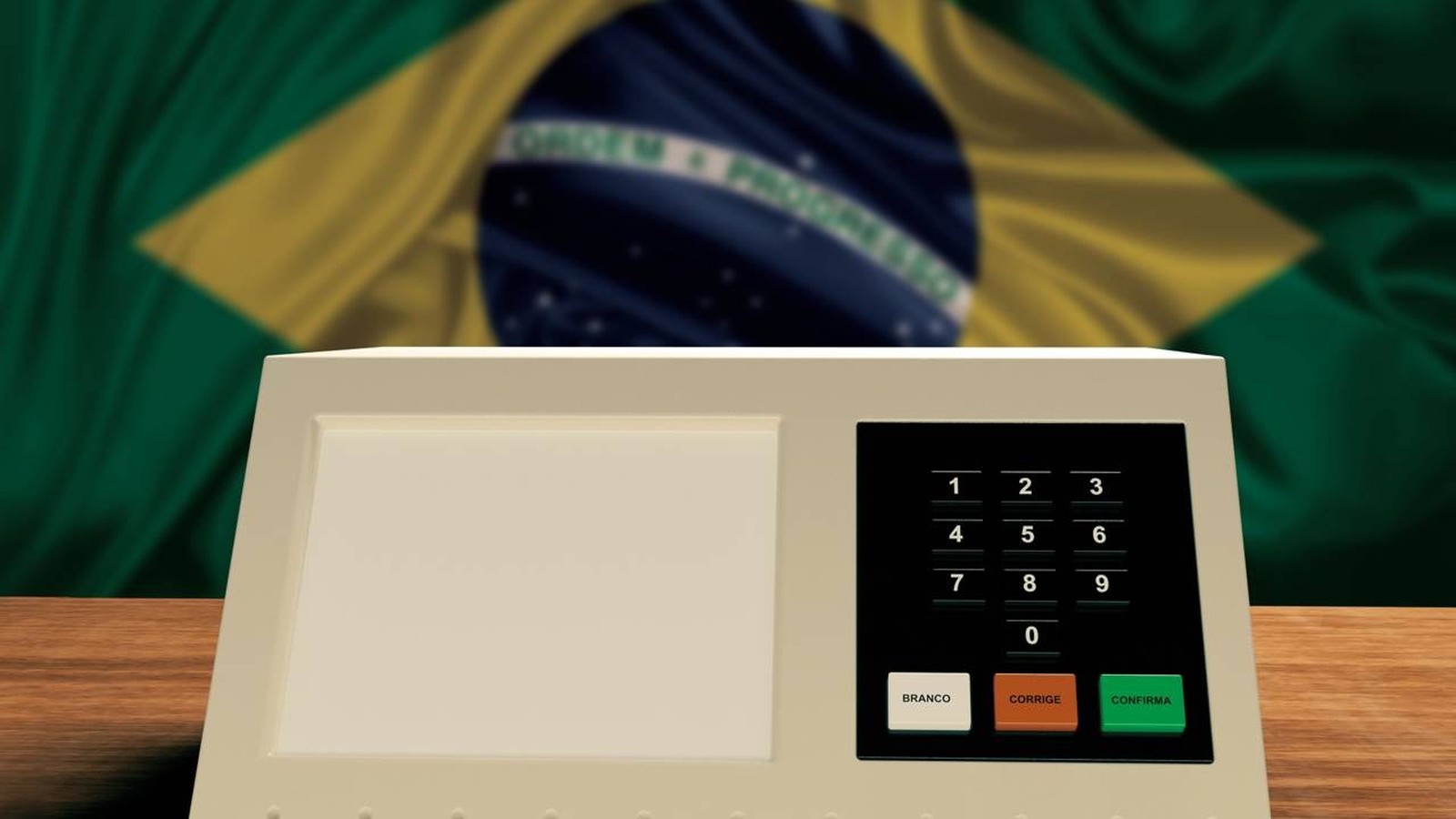 Urna eletrônica brasileira com teclado numérico e botões Branco, Corrige, Confirma