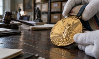 Mãos enluvadas seguram uma medalha dourada com fita listrada, com martelo de leilão ao fundo desfocado