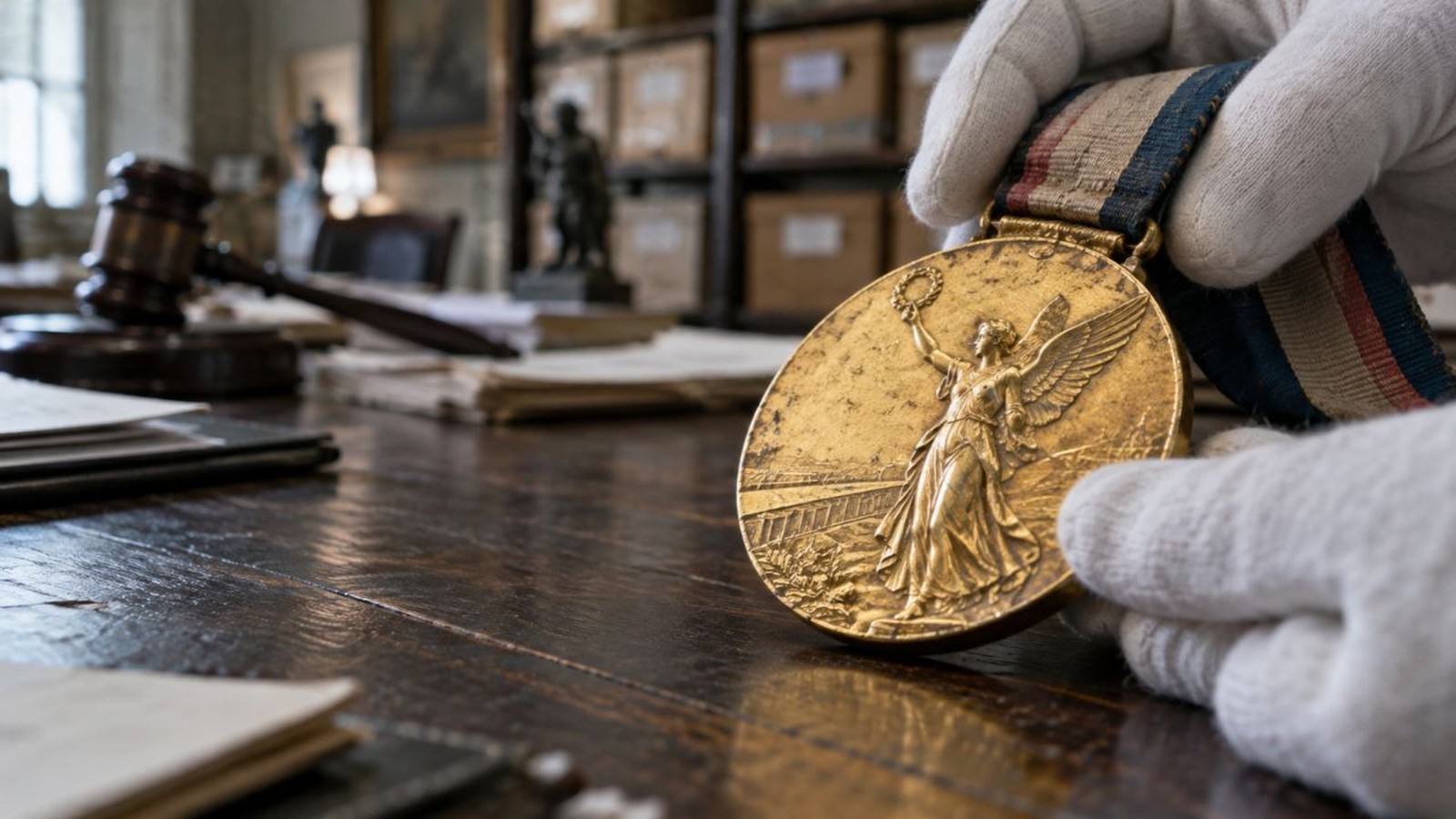 Mãos enluvadas seguram uma medalha dourada com fita listrada, com martelo de leilão ao fundo desfocado