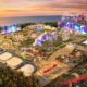 Vista aérea do festival Rock in Rio com palcos, atrações, multidão, fogos e aviões no pôr do sol