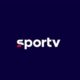 Logo SporTV em branco com detalhe vermelho sobre fundo azul escuro