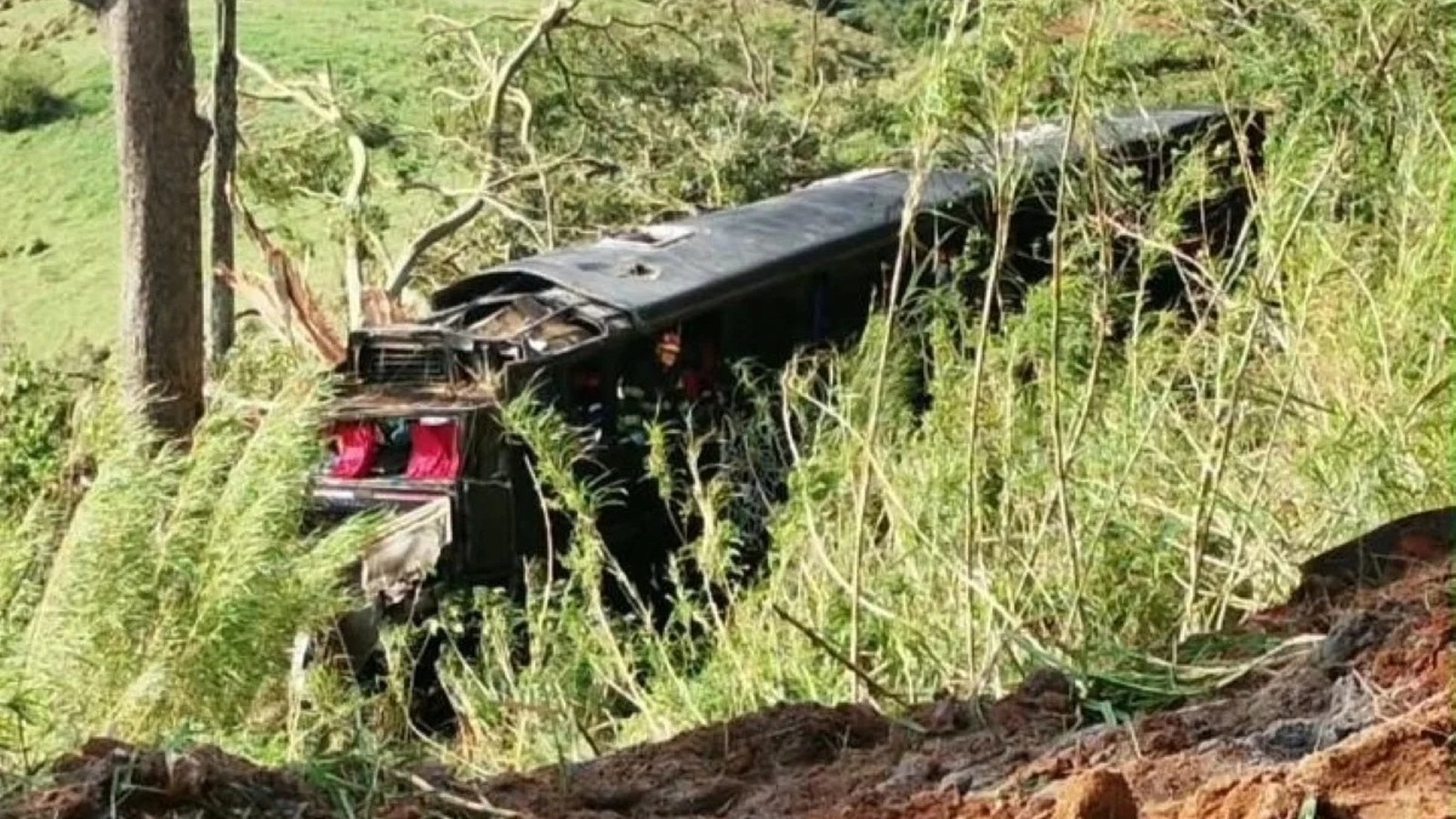 Ônibus escuro danificado, virado em ribanceira com vegetação e terra