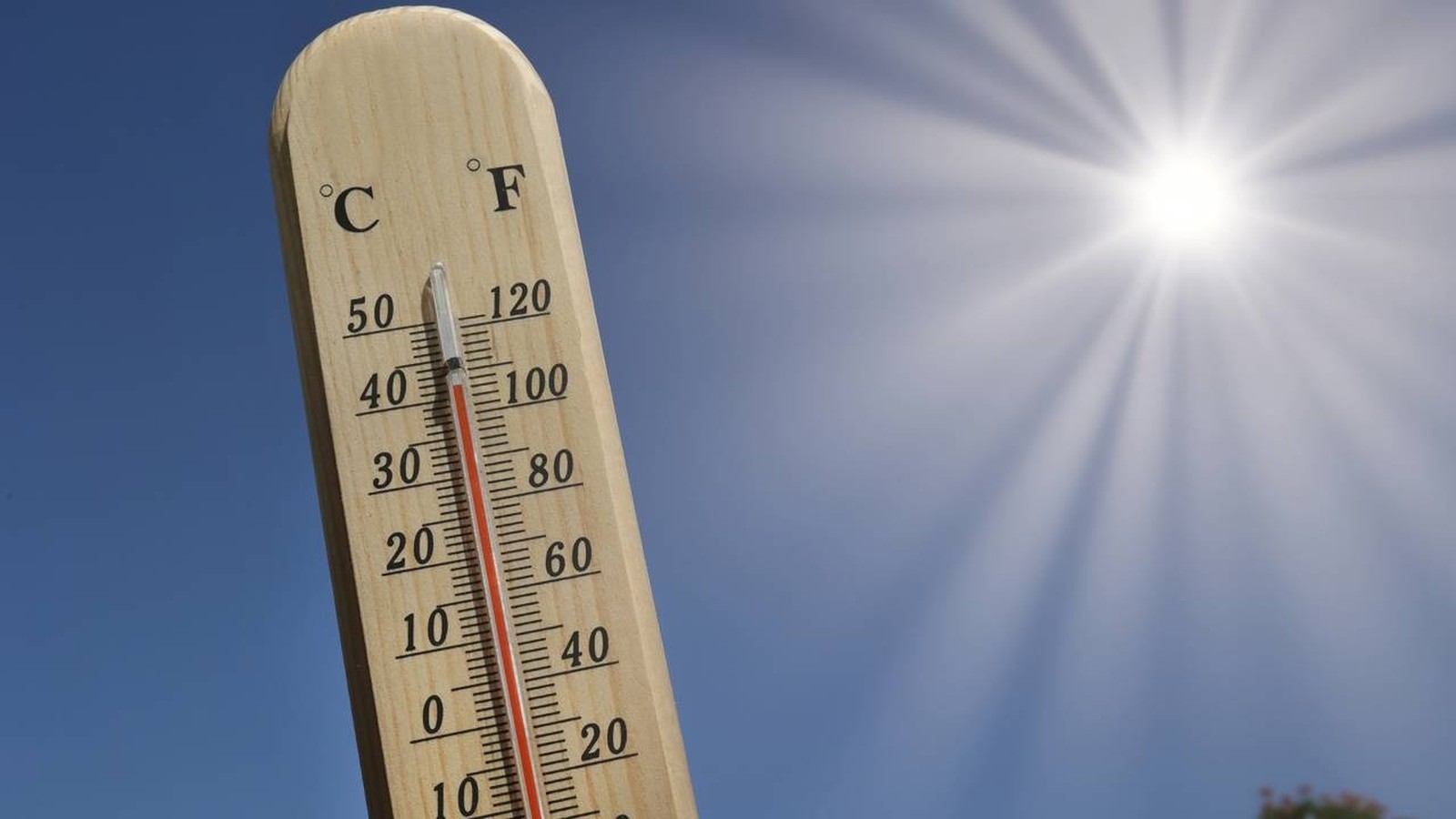 Termômetro de madeira marcando 40 graus Celsius sob sol forte e céu azul.