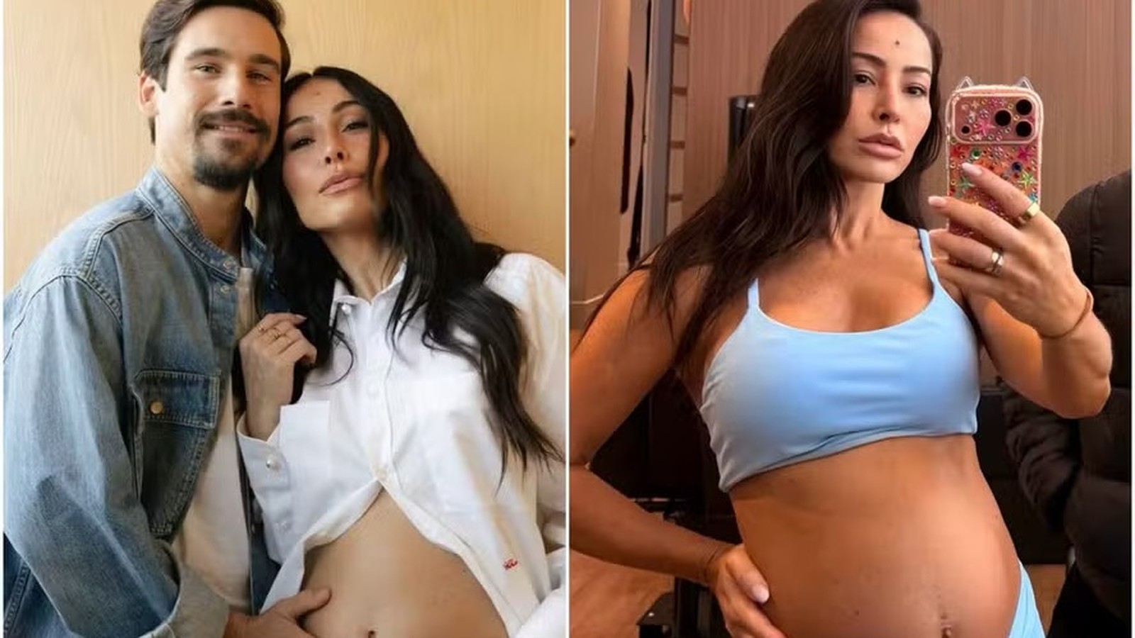 Sabrina Sato e Nicolas Prattes juntos, e Sabrina Sato grávida em selfie com a barriga à mostra