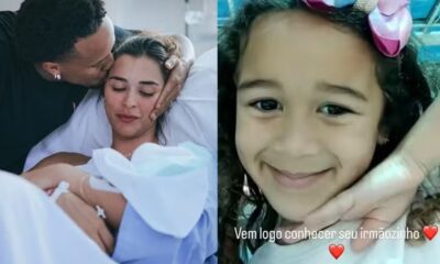 Militão e Tainá com bebê, e Cecília sorrindo com o texto: "Vem logo conhecer seu irmãozinho"