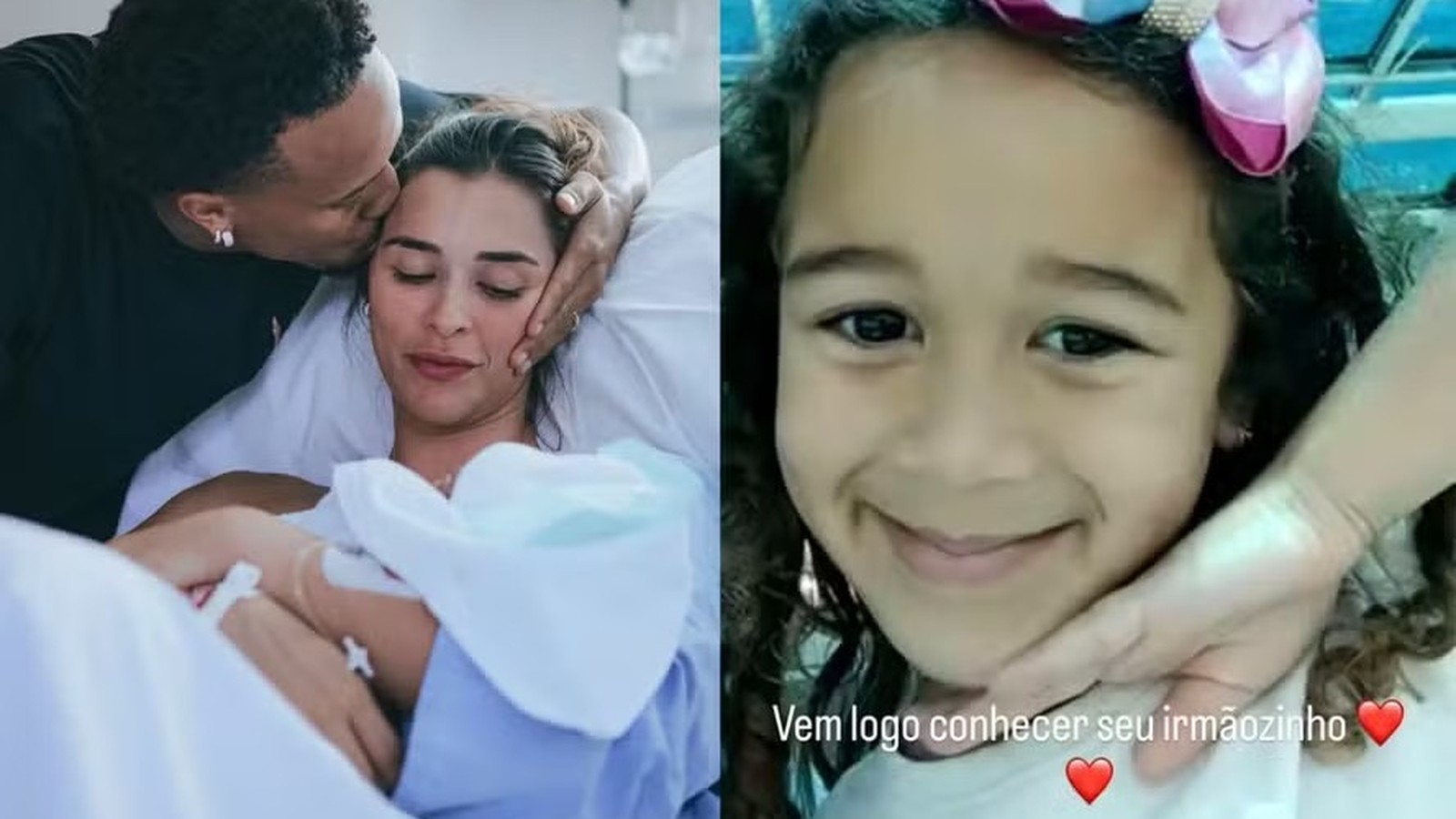 Militão e Tainá com bebê, e Cecília sorrindo com o texto: "Vem logo conhecer seu irmãozinho"