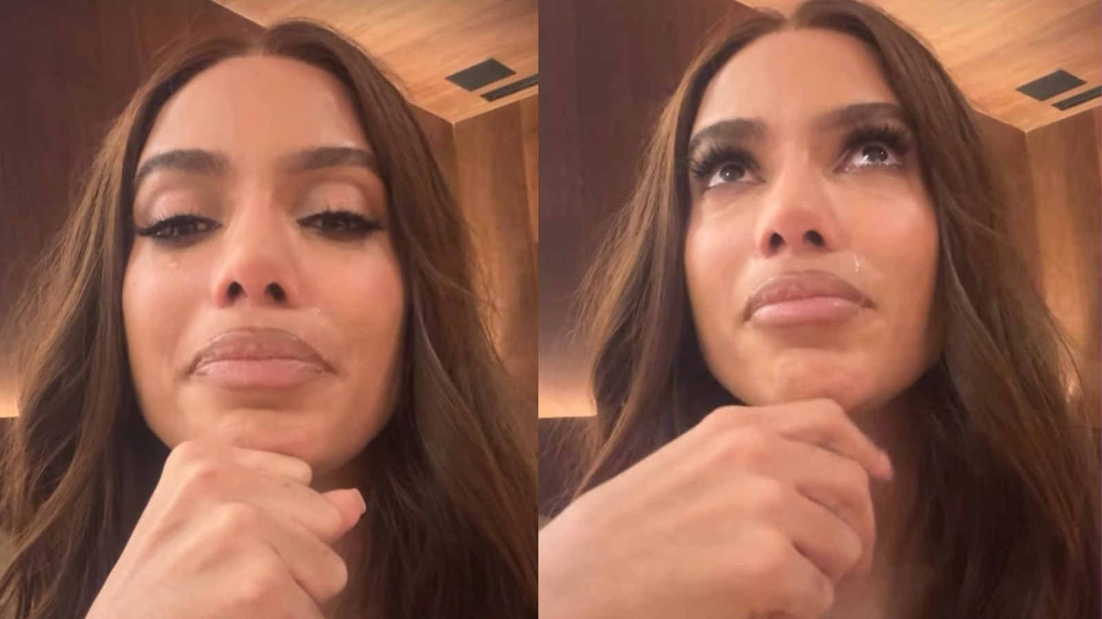 Anitta chorando, com lágrimas escorrendo pelo rosto e a mão sob o queixo, expressão de emoção
